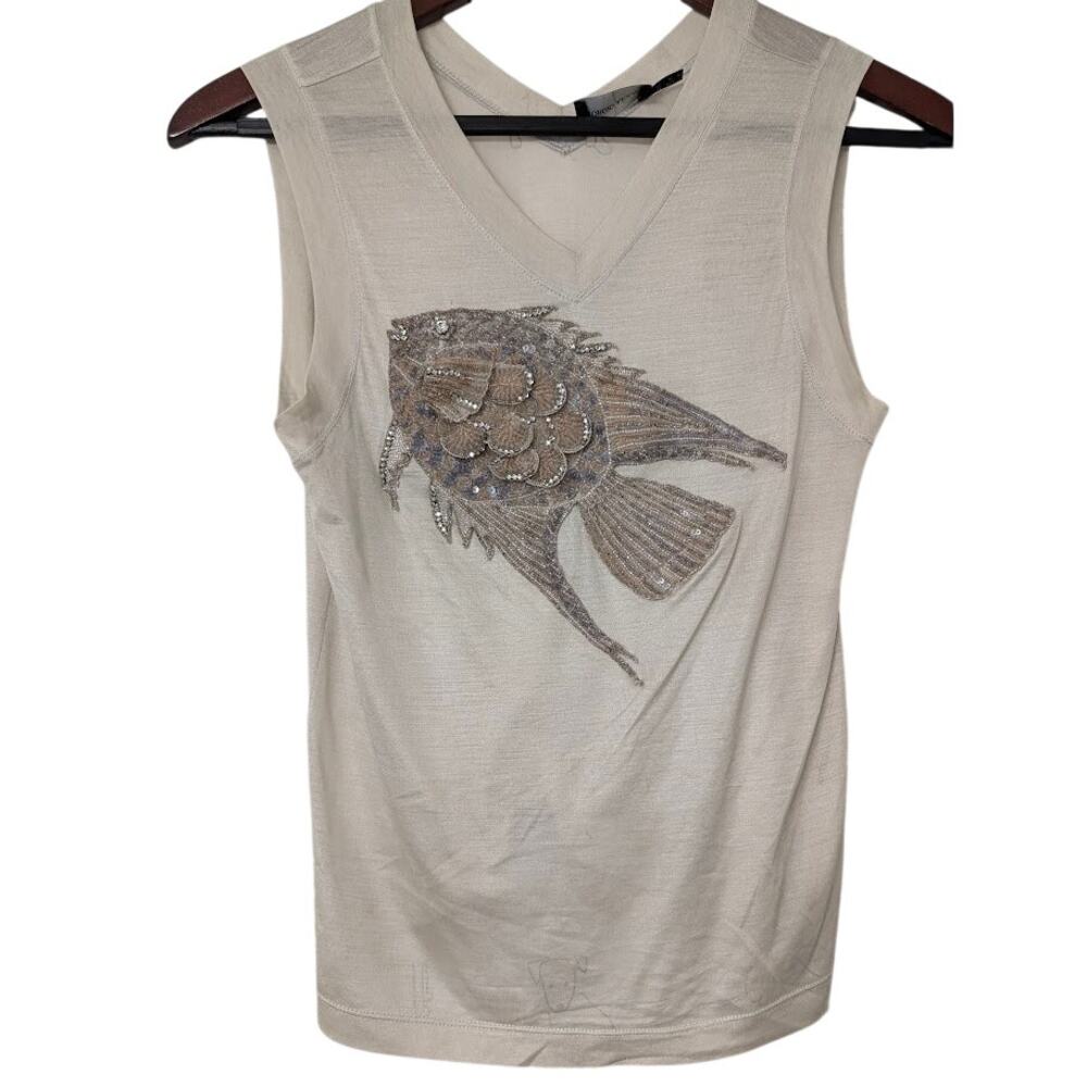 VTG Giorgio Armani Fish Applique Tank Top Cream Sheer Mesh Sequin Glam Luxury 4